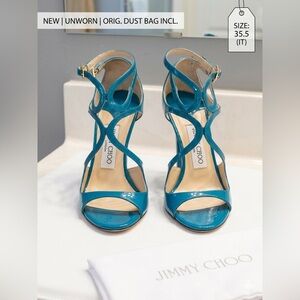 NIB Jimmy Choo Lang Teal Patent Leather Strappy Sandals - 35.5